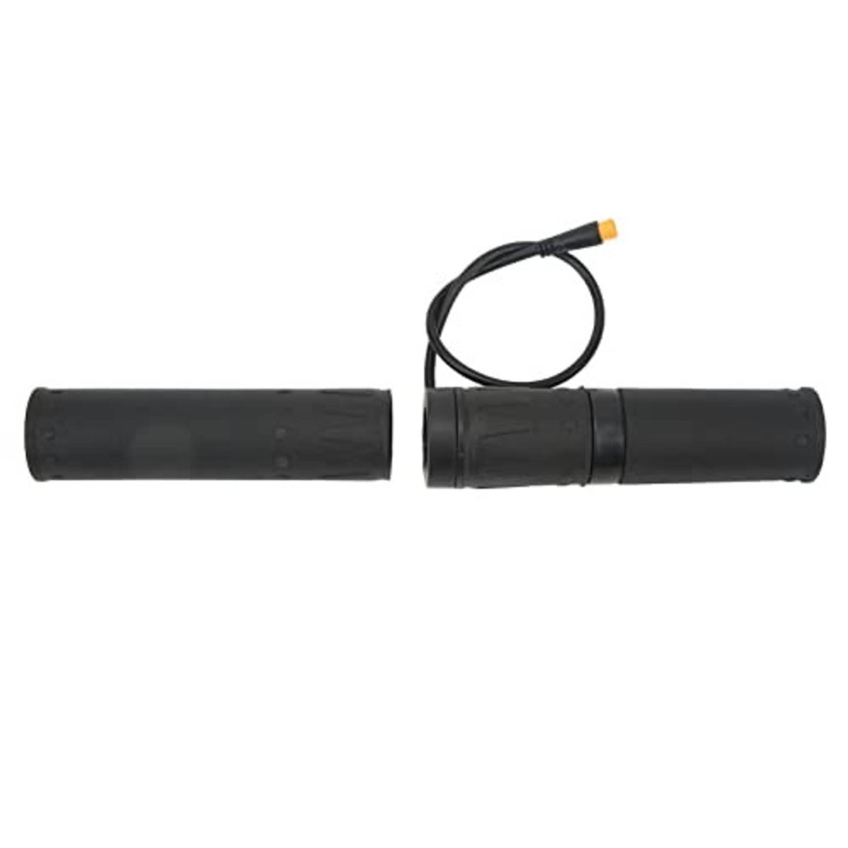 Motorcycle electric throttle grip set with split center joint and two black rubber grips, cable with orange tip