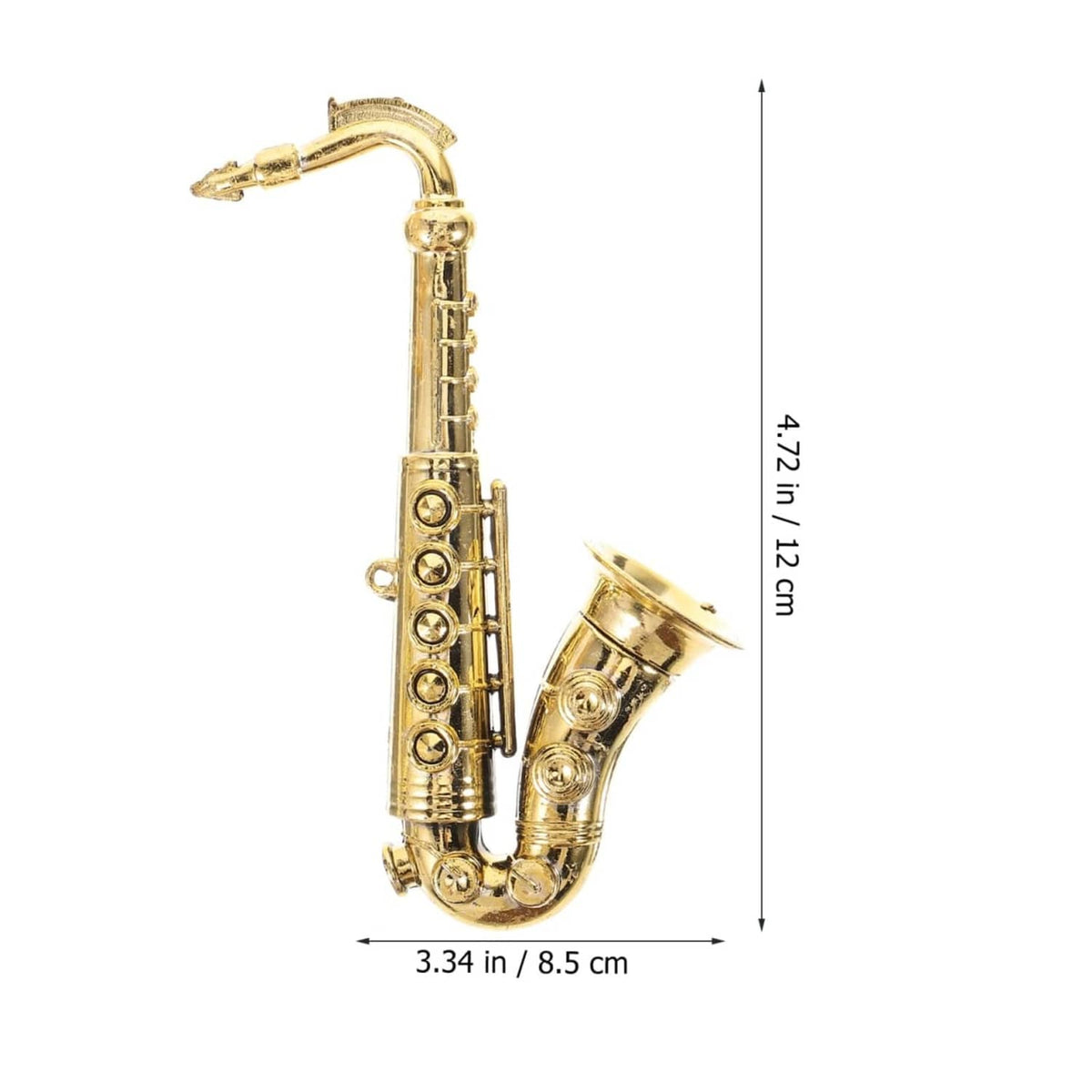 Gold mini saxophone model with size shown: about 12 x 8.5 cm