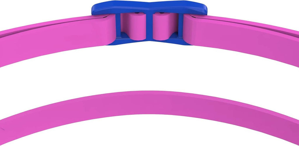 Swim goggles top strap with pink webbing and blue buckle, no lenses shown