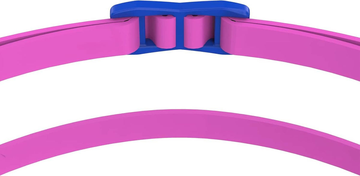 Swim goggles top strap with pink webbing and blue buckle, no lenses shown