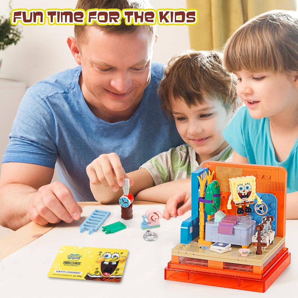 Orange pineapple-themed building block display box set with character figures and instruction card
