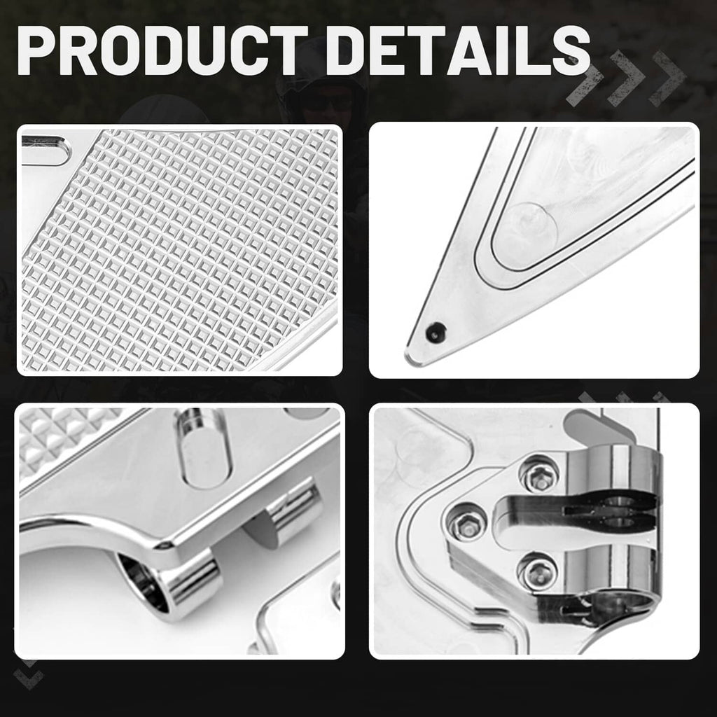 Close-up of silver motorcycle footboard floorboard with textured panel and mounting clamp bolts