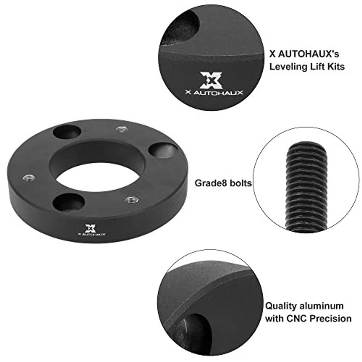 Black leveling lift spacer pair with Grade 8 bolts and machined CNC-finish detail