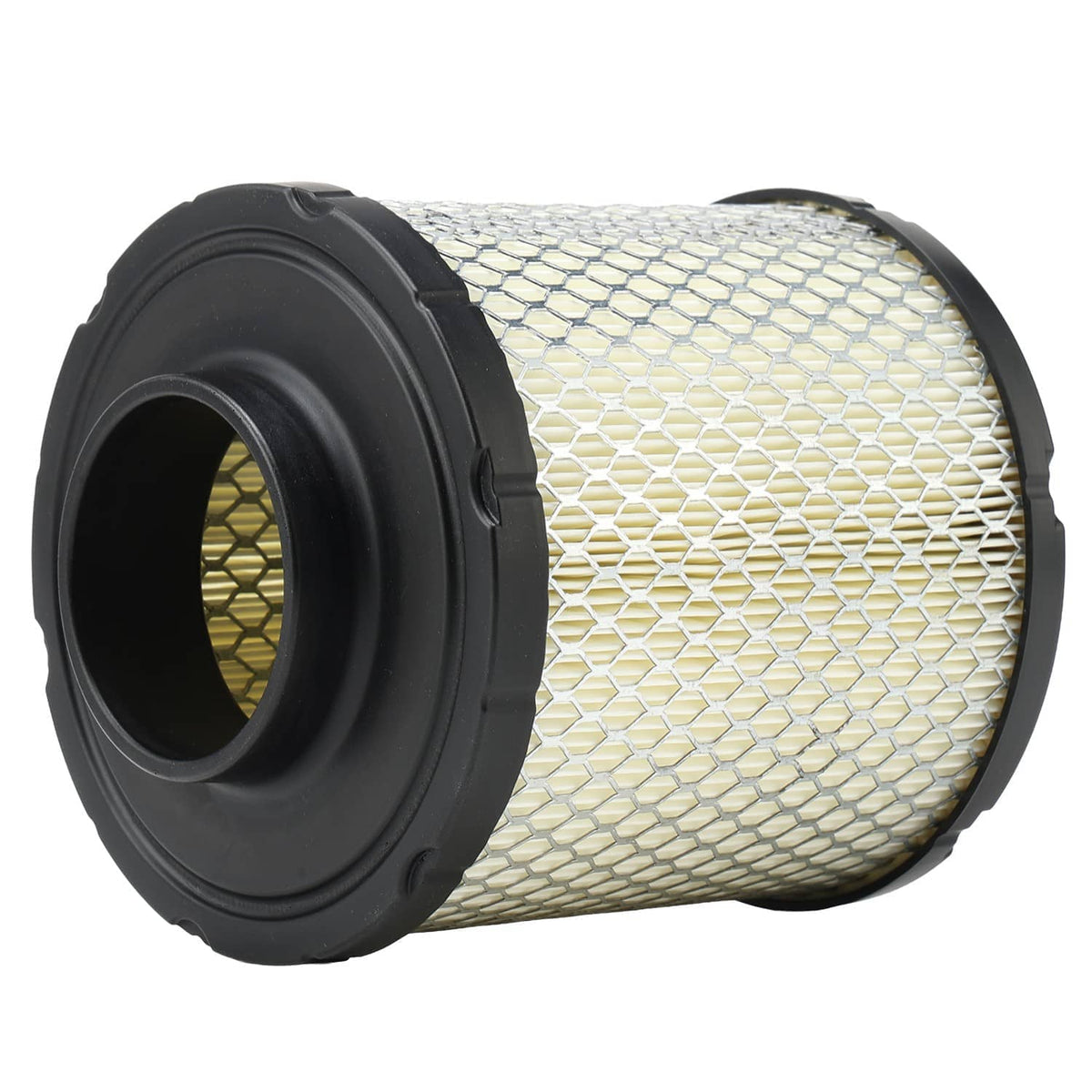 Air filter cartridge close-up with black inlet opening and white pleated mesh