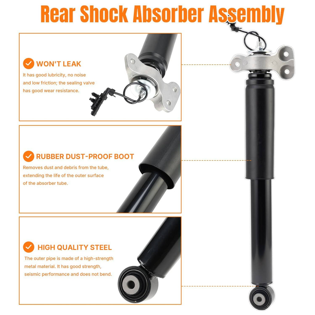 Rear shock absorber assembly with black strut, silver bracket, and dust boot detail