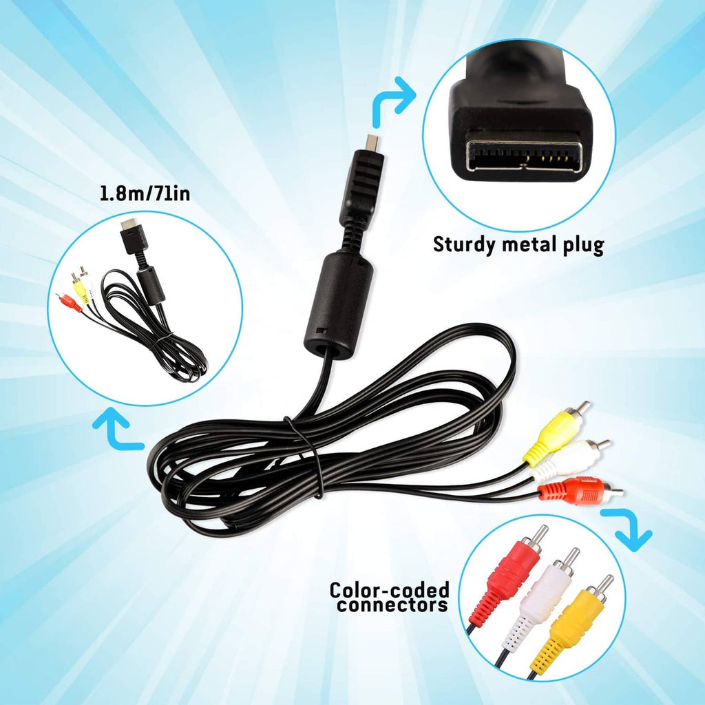 6ft AV cable with sturdy metal plug and color-coded red, white, yellow RCA ends