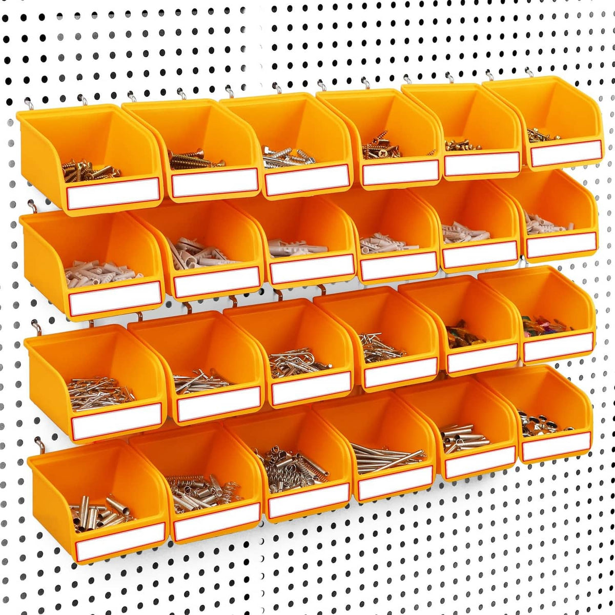 Orange pegboard storage bin organizer set with open-top compartments and white label fronts