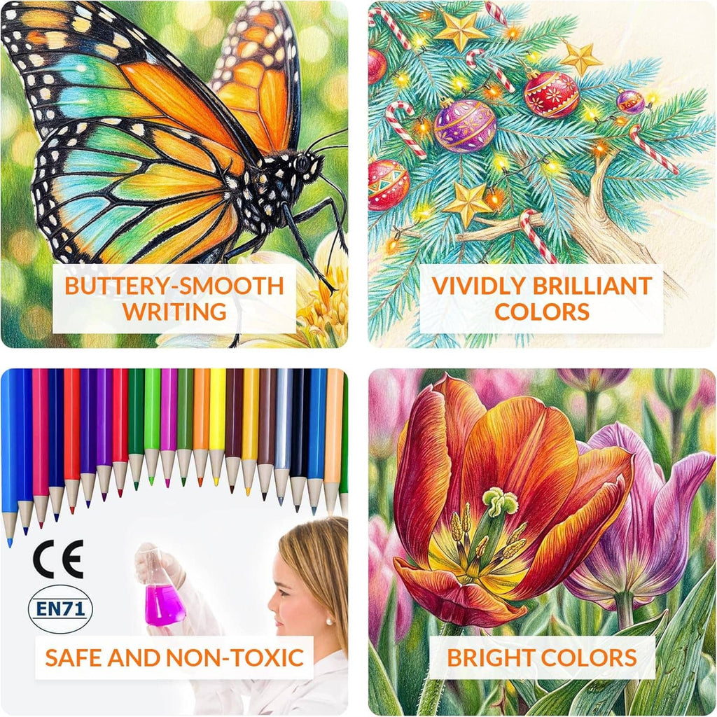 Colored mechanical pencil set with colorful swatch cards and a row of pencil tips