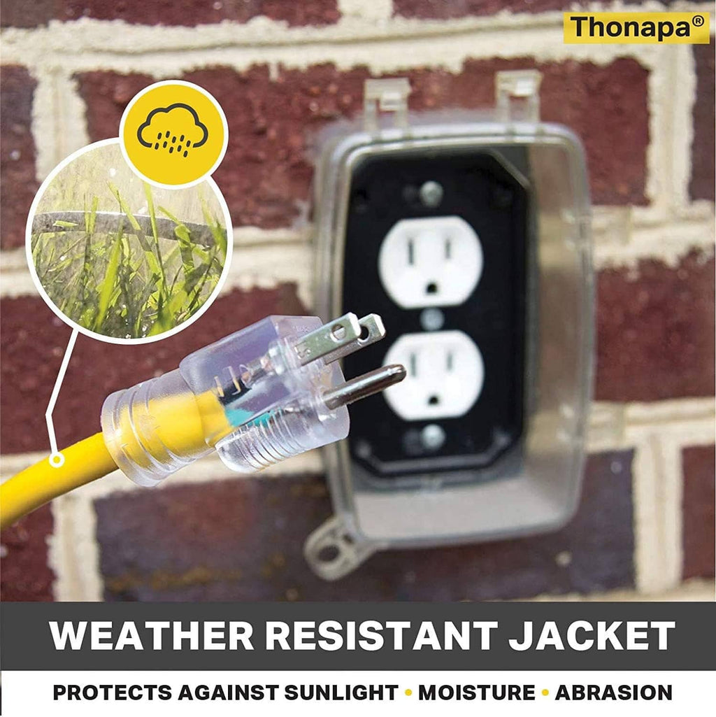 Weather-resistant extension cord with clear 3-prong plug and 3-outlet jacket