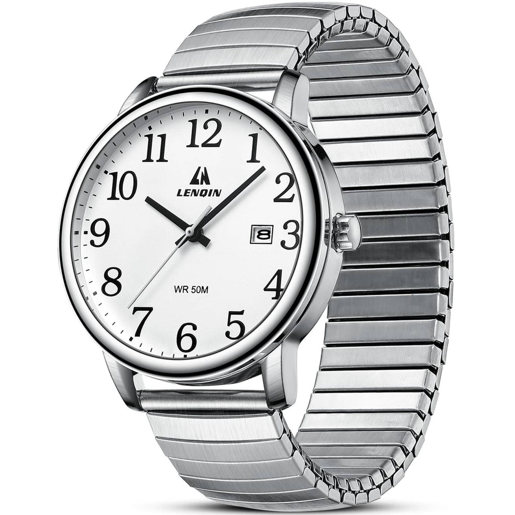 Mens analog quartz sport watch with silver metal link strap and white dial