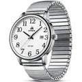 Mens analog quartz sport watch with silver metal link strap and white dial
