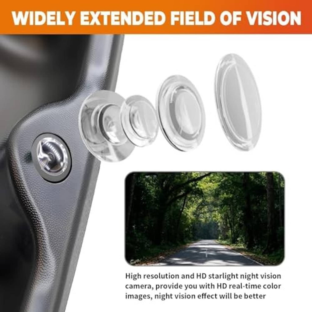Tailgate handle backup camera close-up showing round lens and clear protective covers