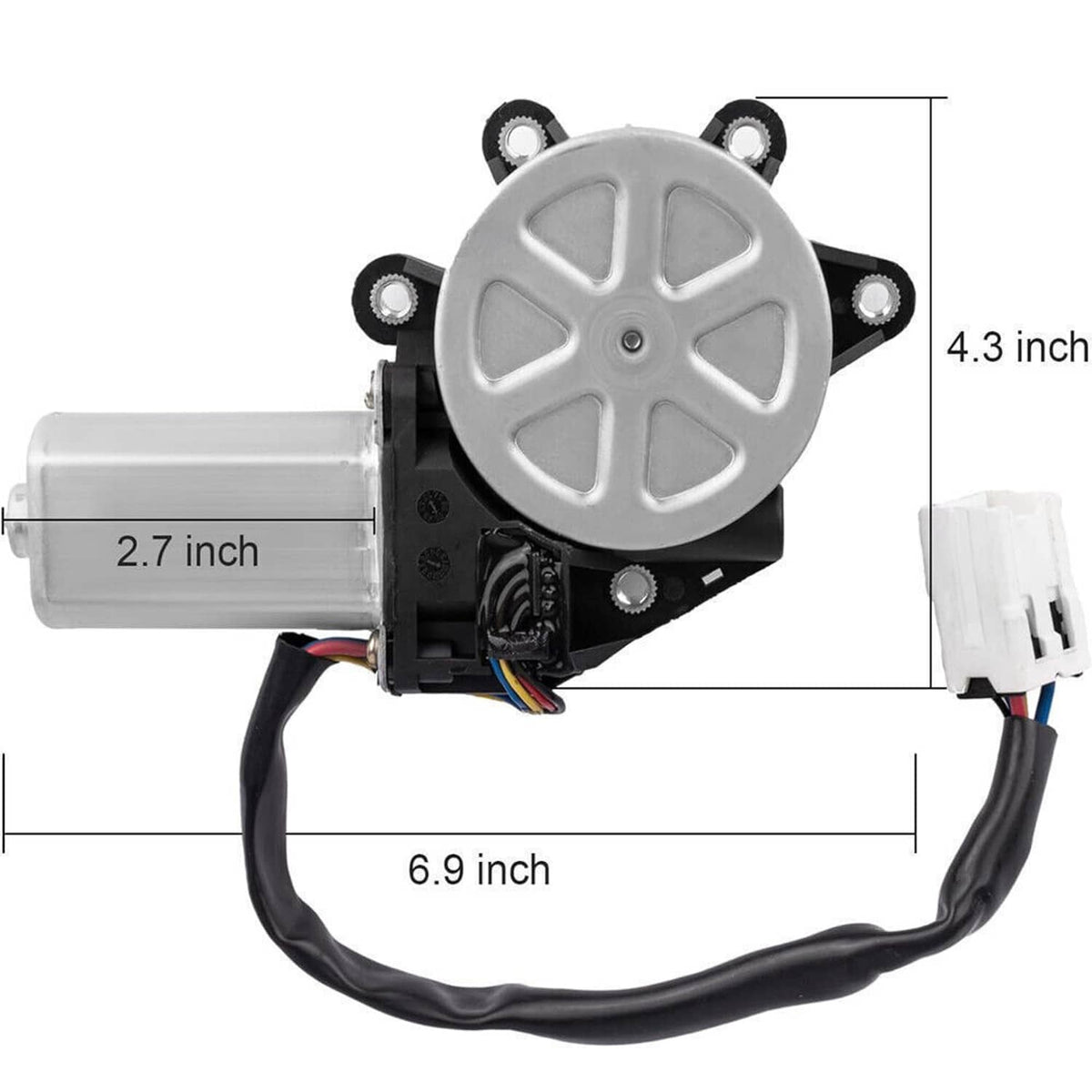 Power window lift motor with actuator rod and mounting gear plate