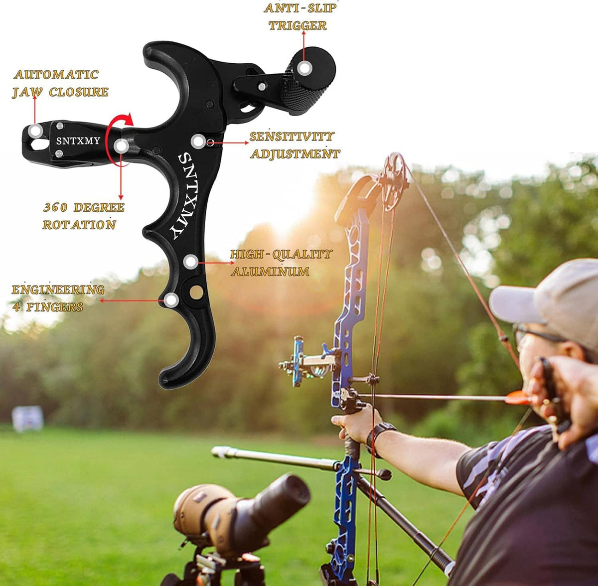 Green camo bow trigger release in use with an archery bow and finger release