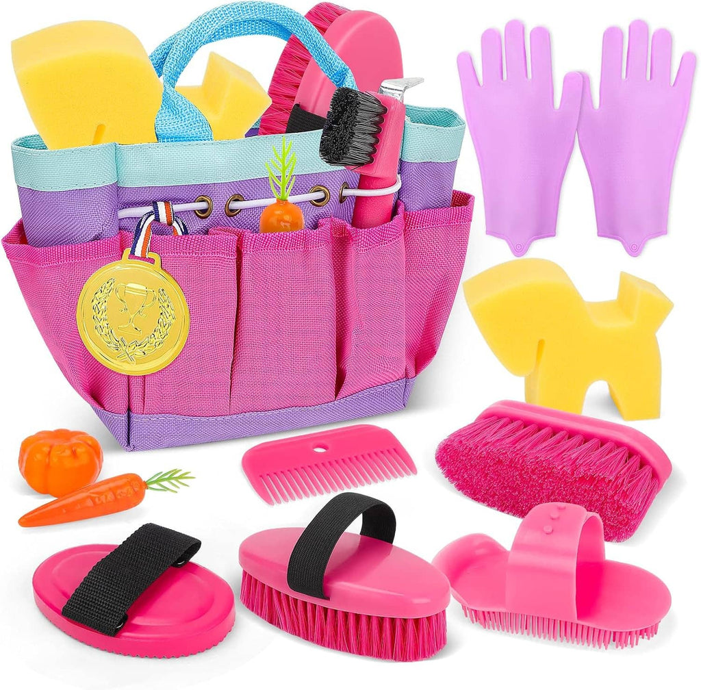 Horse grooming tool set with pink tote bag and colorful brushes, combs, and scrapers