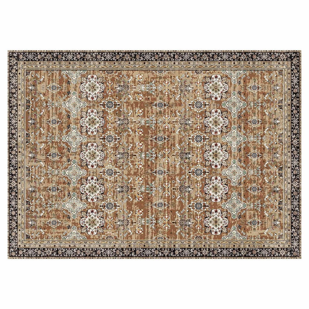 Large vintage-style area rug with distressed medallion border in brown, beige, teal