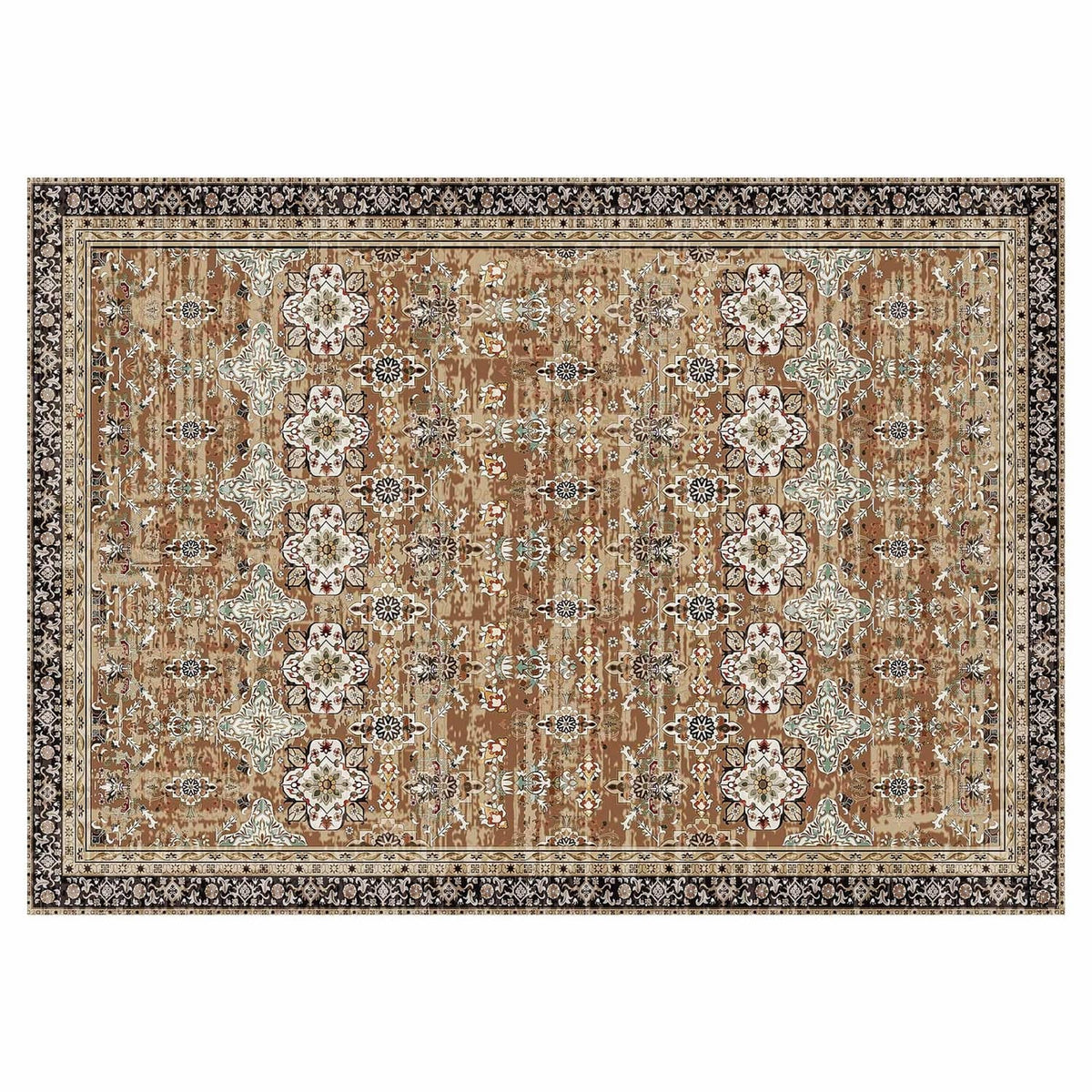 Large vintage-style area rug with distressed medallion border in brown, beige, teal