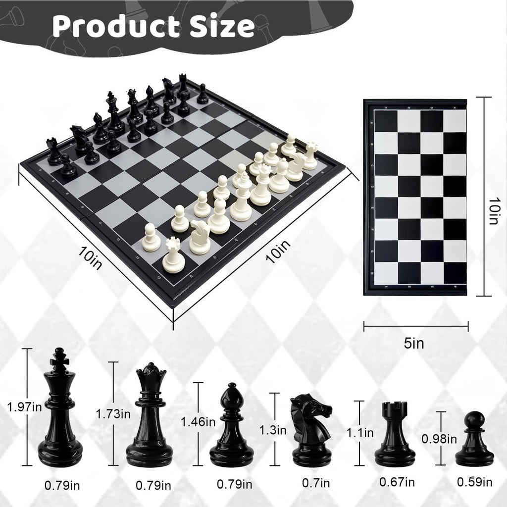 10-inch foldable chess board with black and white squares and black chess pieces