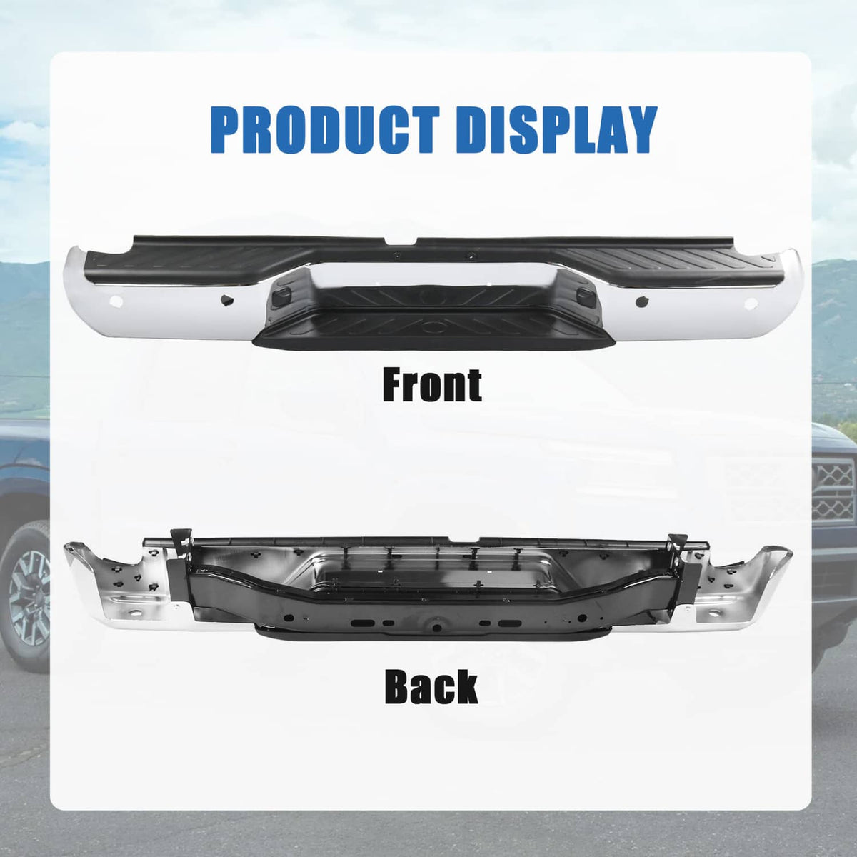 Front and back views of chrome rear step bumper assembly with black center insert