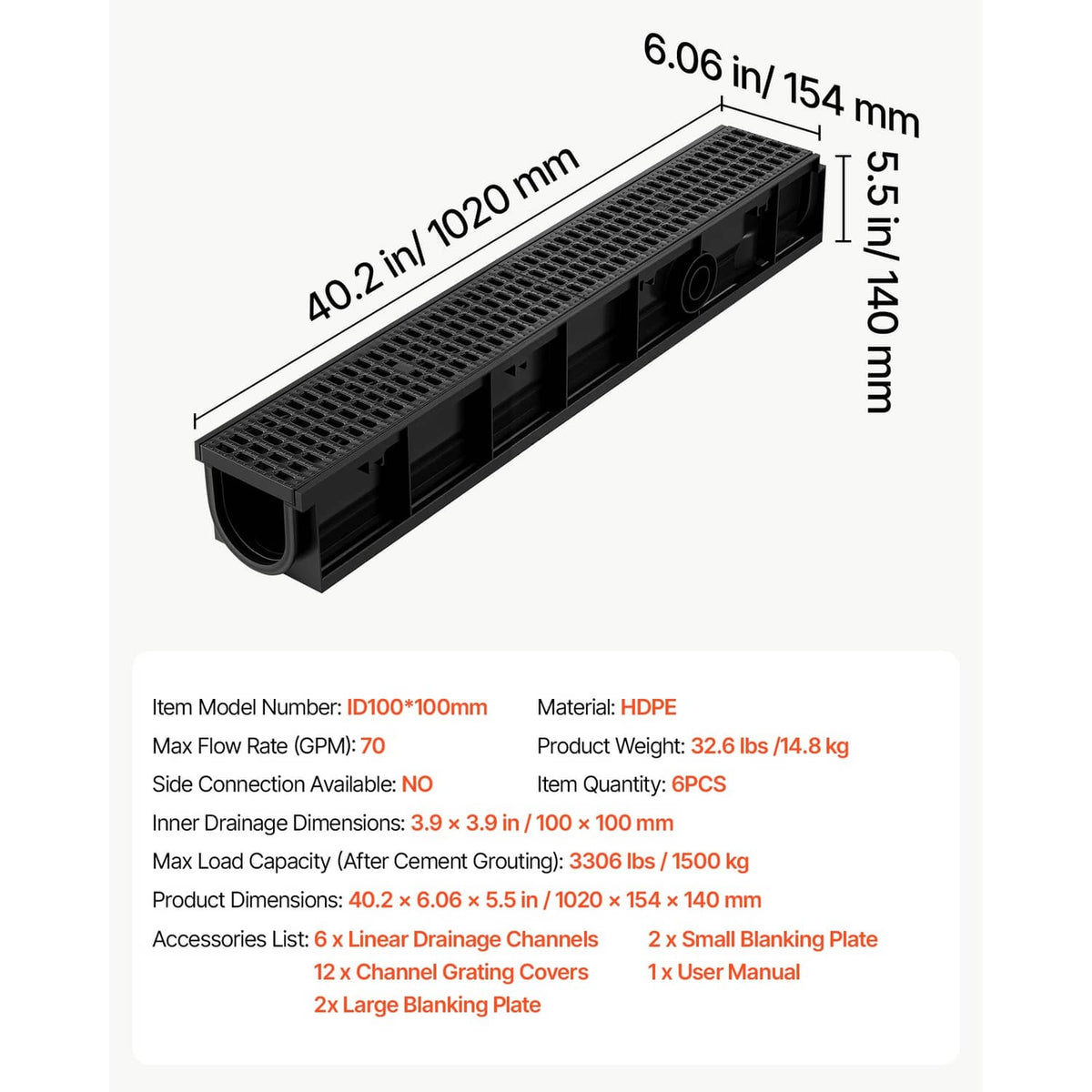 HDPE linear drainage channel, slotted grate top with end outlet, dimensioned side view