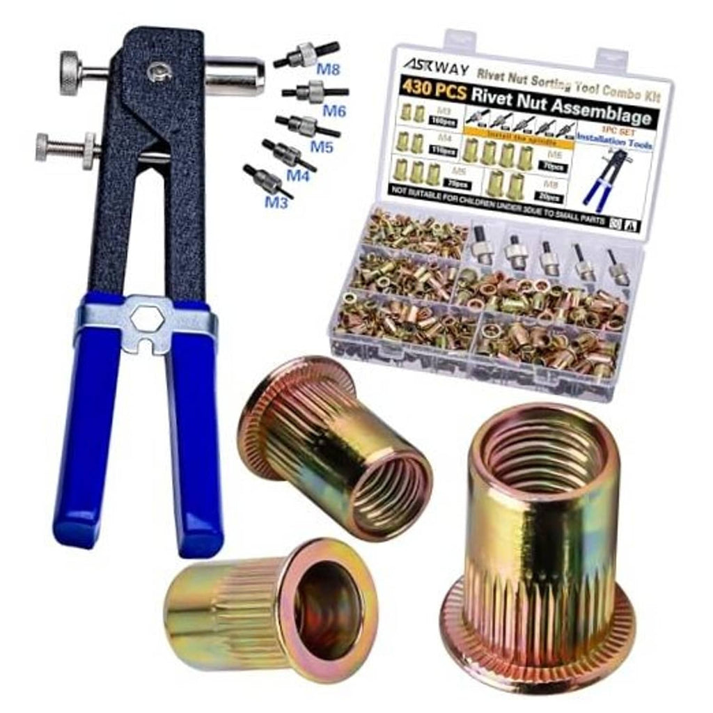Blue hand rivet nut tool kit with metric adapters and gold rivet nuts, 430 pcs