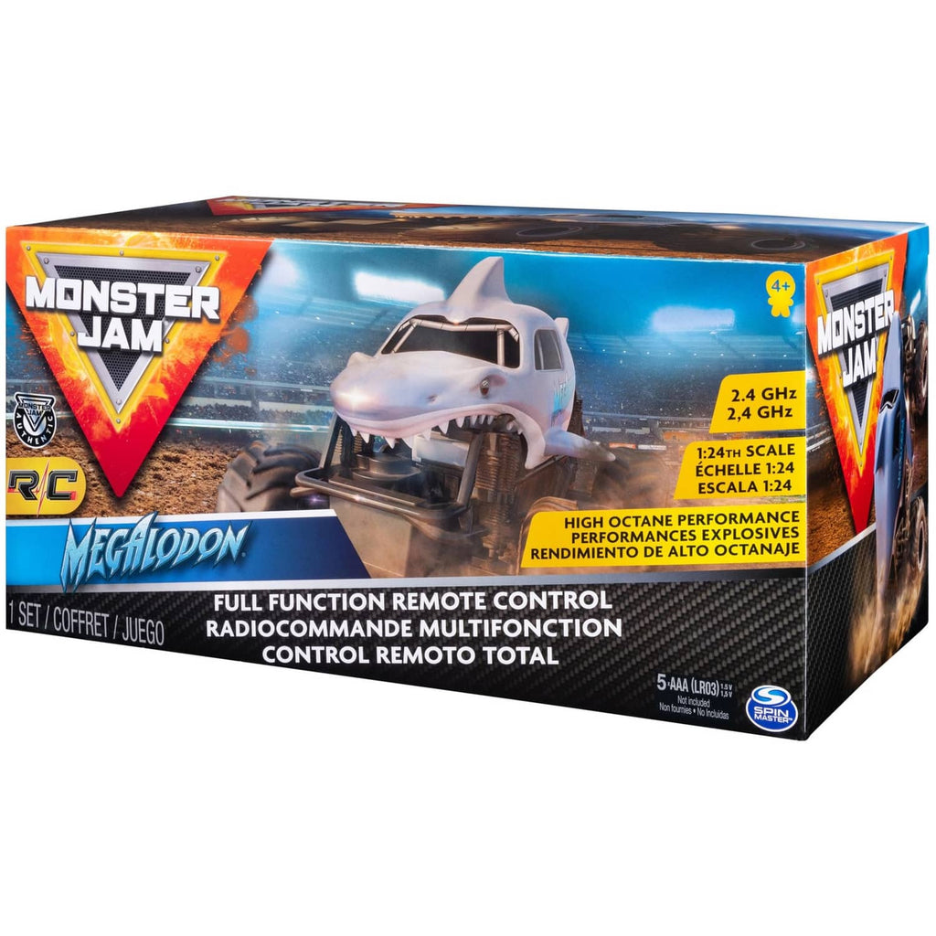 Shark-themed RC monster truck retail box featuring Monster Jam and high-speed details