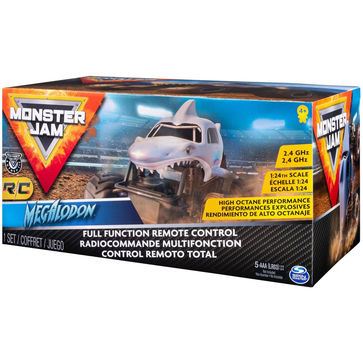 Shark-themed RC monster truck retail box featuring Monster Jam and high-speed details