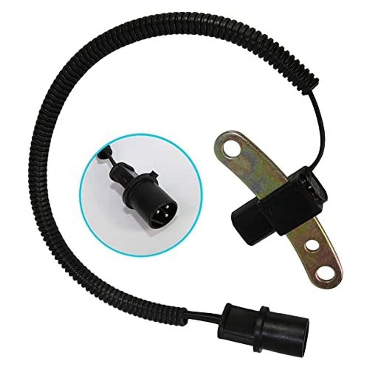 Crankshaft position sensor wiring harness with black plastic connector and metal bracket