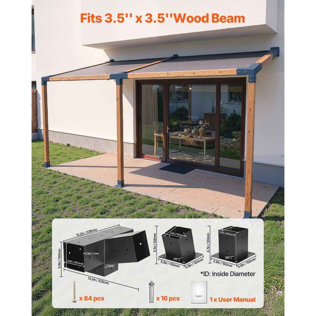 Pergola bracket kit installed on a 3.5 in wood beam with slanted four-way joint