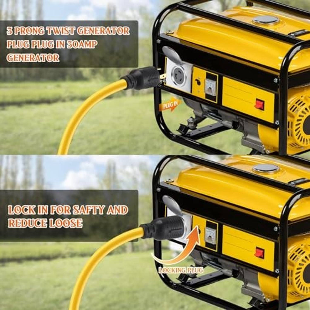Yellow 3-prong generator extension cord with twist-lock plug and outlet connections
