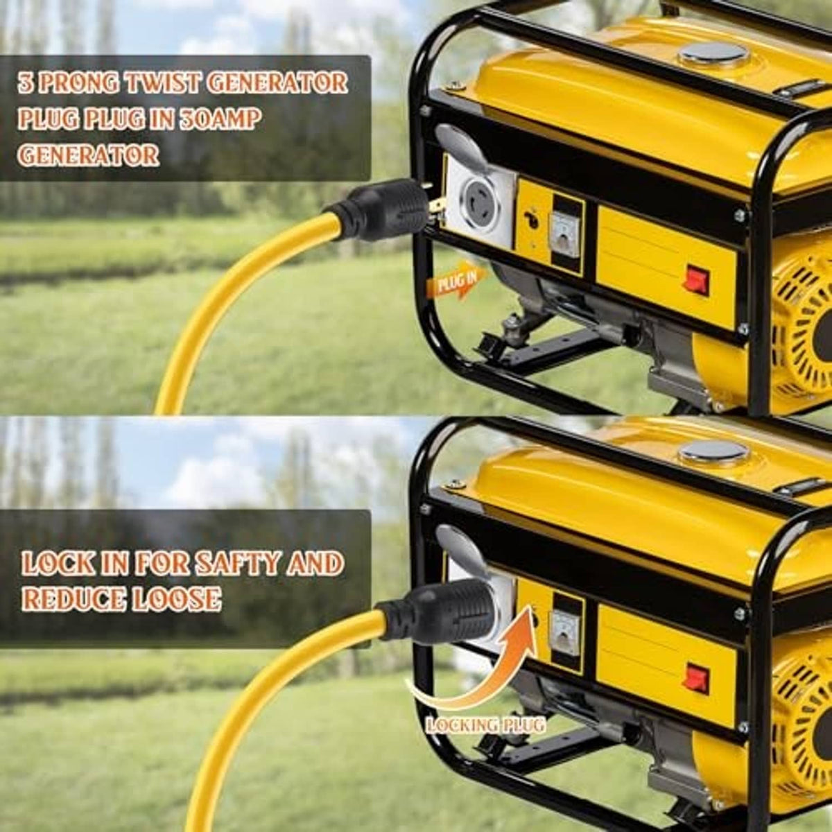 Yellow 3-prong generator extension cord with twist-lock plug and outlet connections