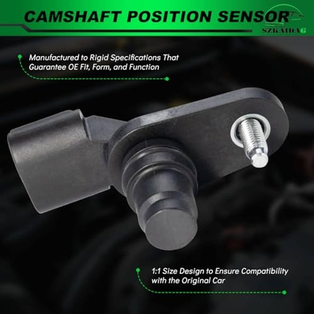 Camshaft position sensor close-up with black housing and threaded metal mounting screw