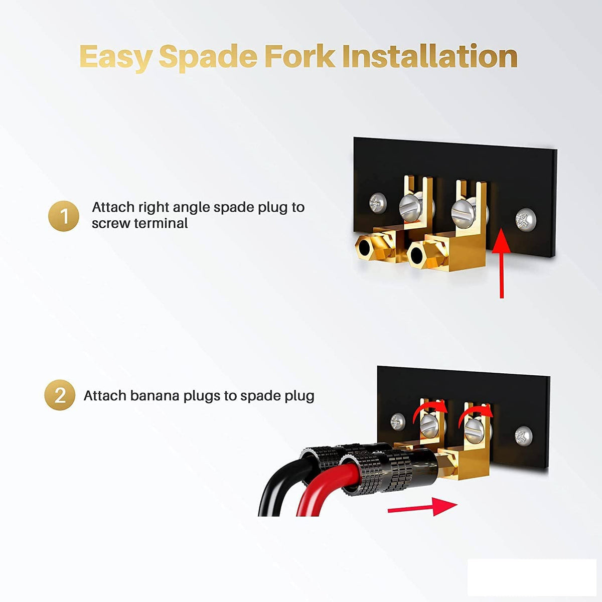 Gold right-angle spade plug showing screw terminal connection and banana plug fit
