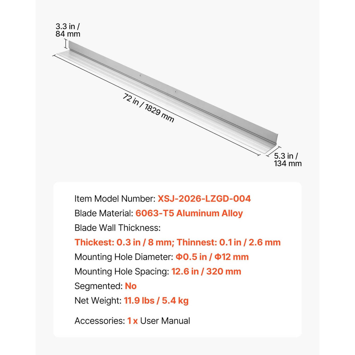 Aluminum concrete screed blade dimensions view with raised base profile