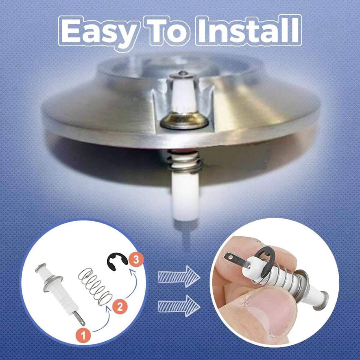Gas range igniter electrode installation shows ceramic insulator, metal pin, and coiled spring