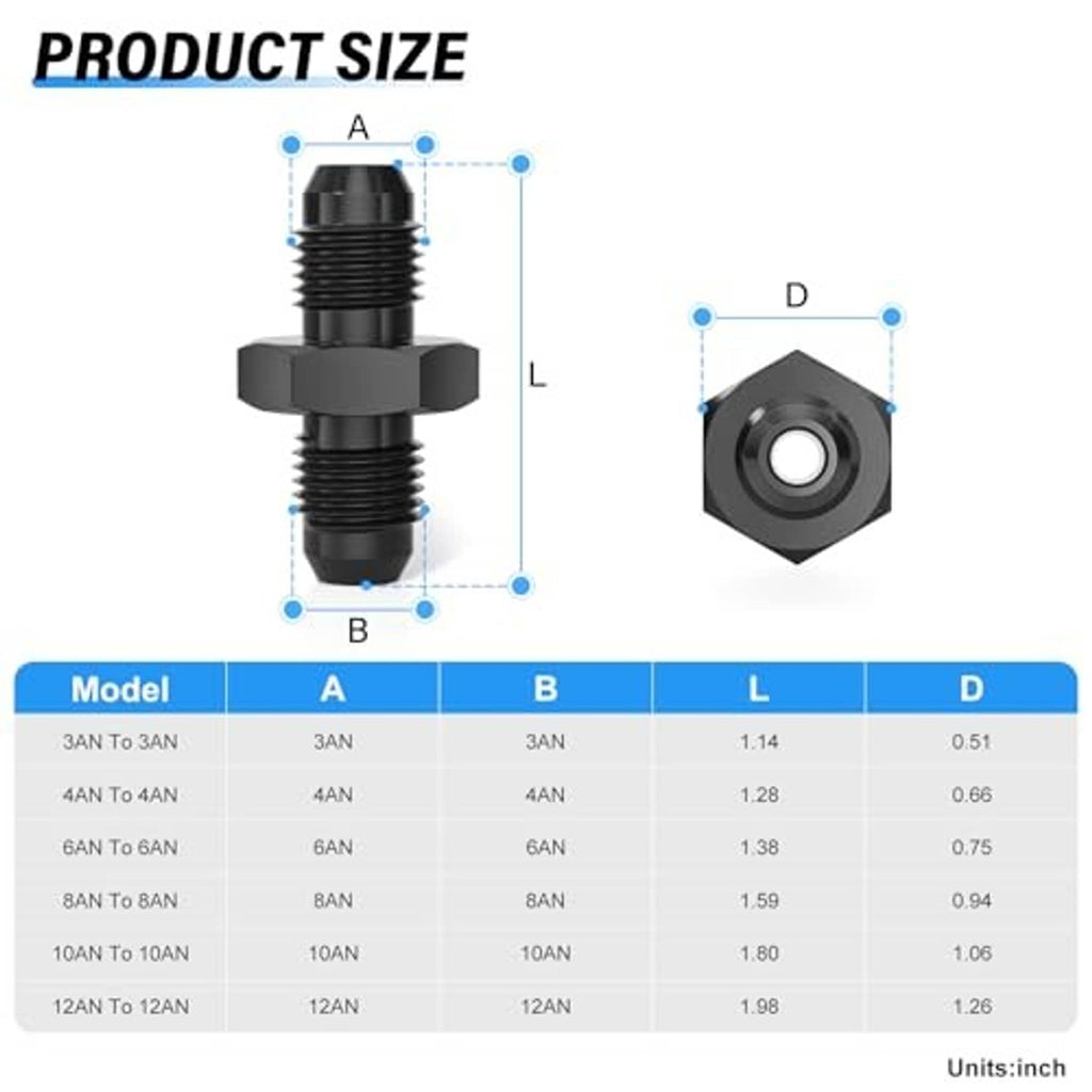 Straight male-to-male AN pipe adapter size diagram with threaded section dimensions