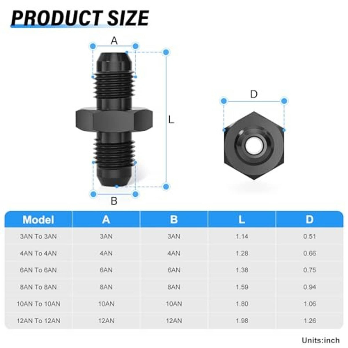Straight male-to-male AN pipe adapter size diagram with threaded section dimensions