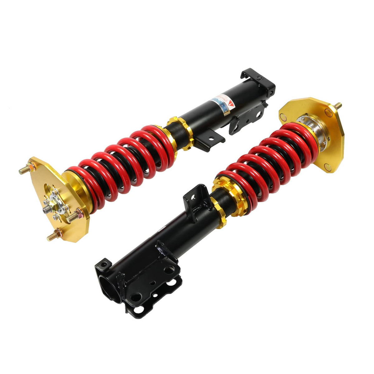 Adjustable coilovers kit with red springs, black dampers, gold plates, and hardware set