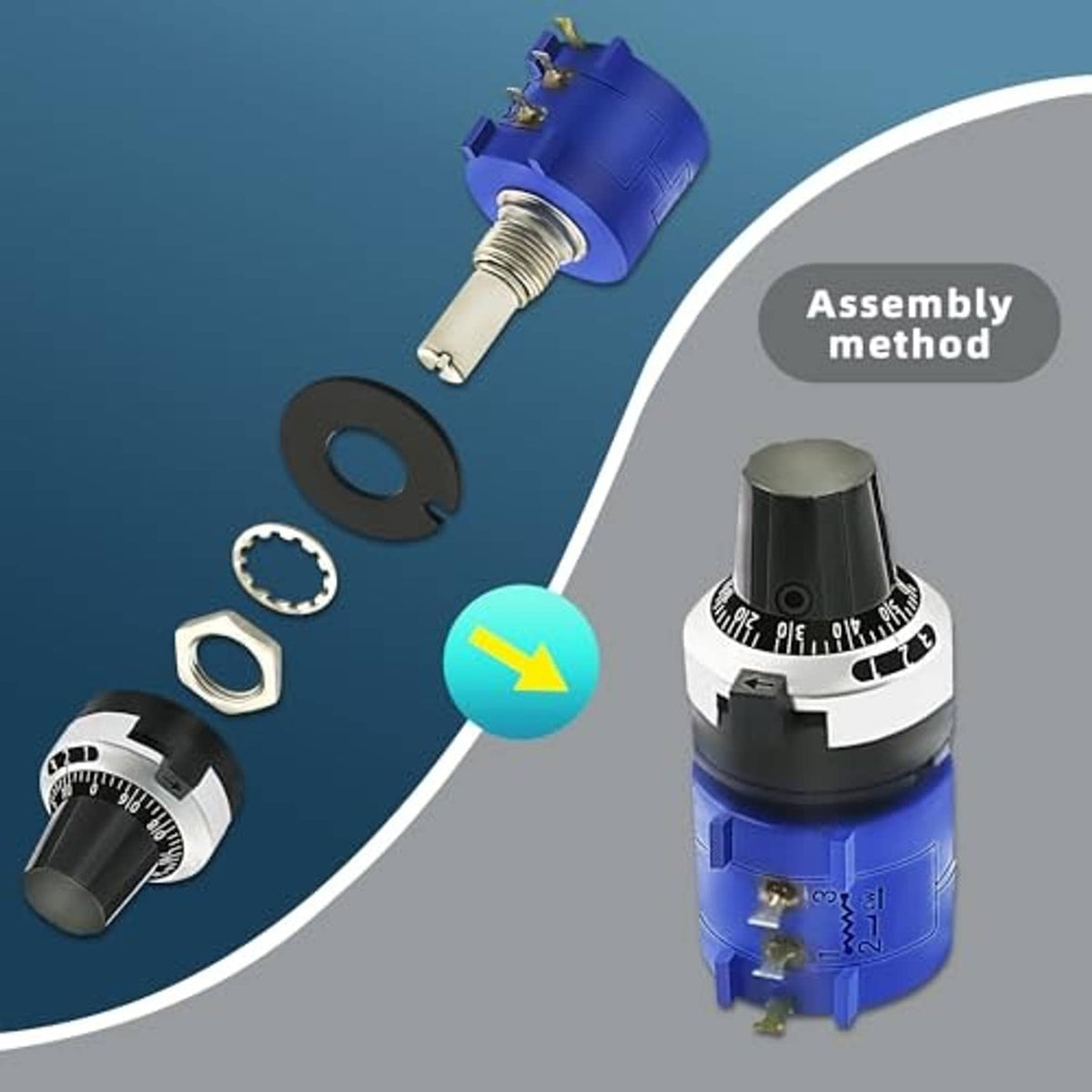 Rotary wirewound potentiometer with blue housing, threaded metal shaft, and black numbered knob