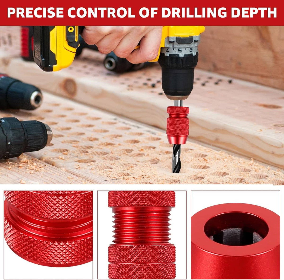 Red drill depth stop collar on a drill bit, with close-up collar details