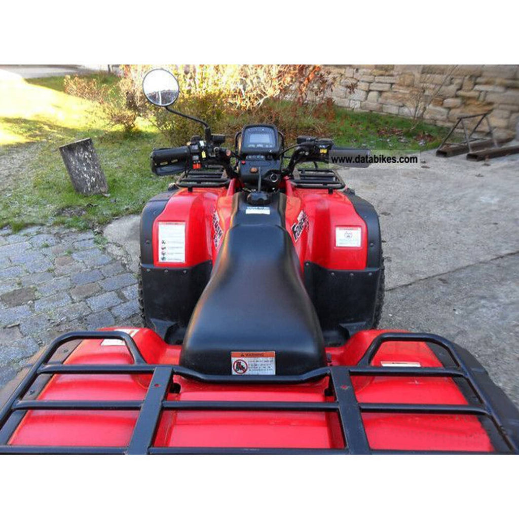 Black ATV seat mounted on the front of a red quad, contoured padding