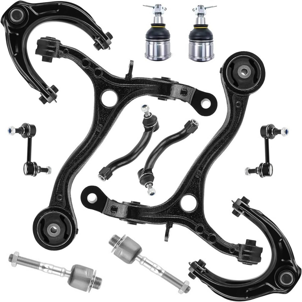 Front control arms and ball joint assemblies set with bushings and links
