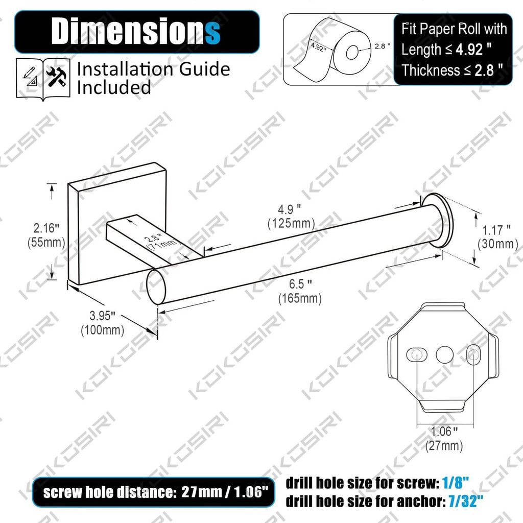 Champagne bronze vertical toilet paper holder with mounting dimensions diagram