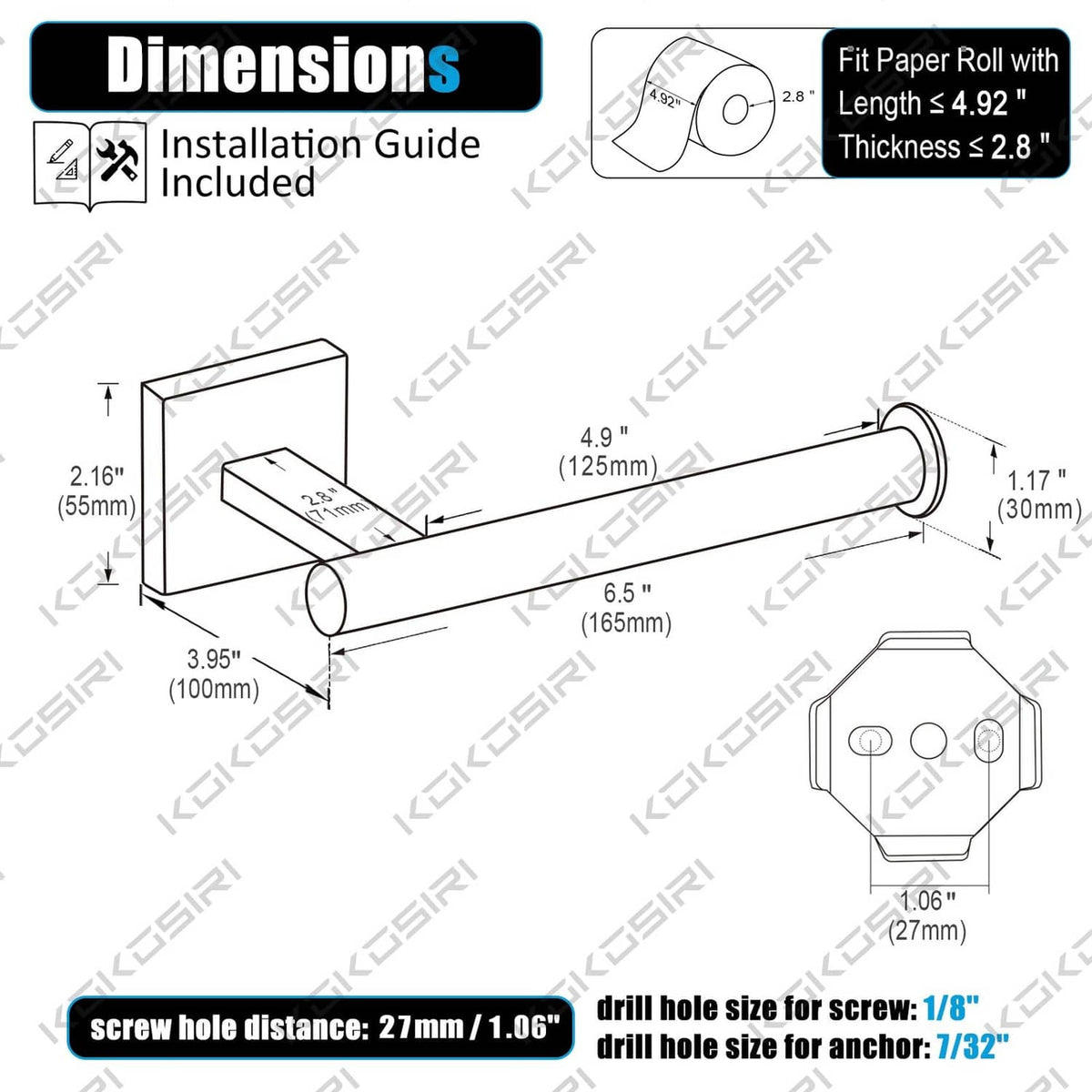 Champagne bronze vertical toilet paper holder with mounting dimensions diagram