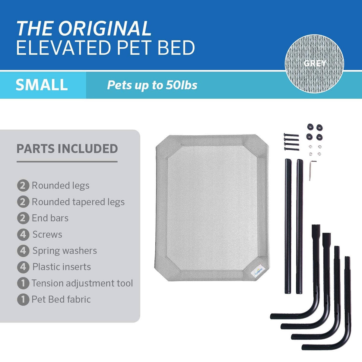 Elevated pet bed parts diagram with grey fabric panel and black metal legs