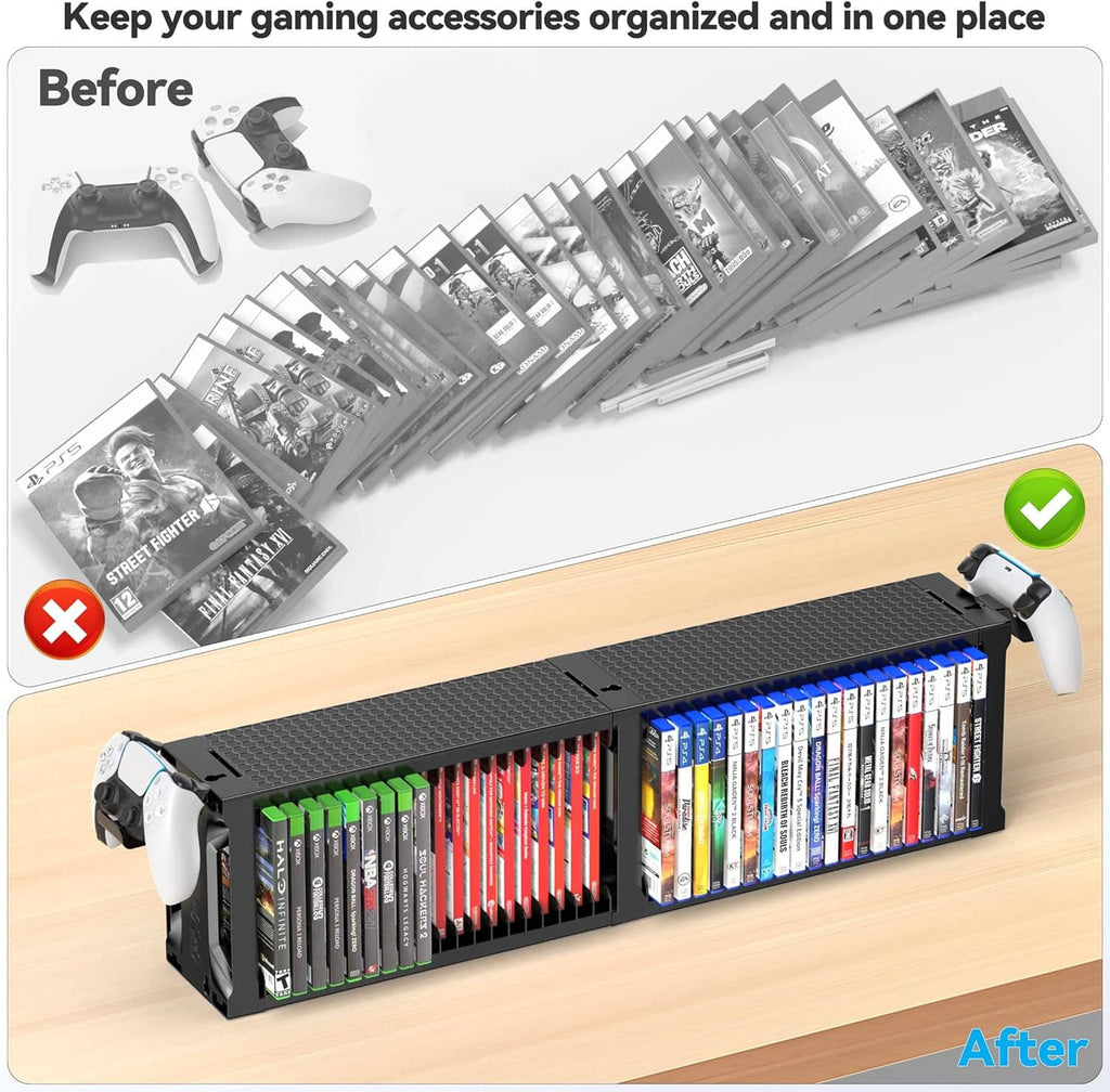 Black game disc rack tower organizing game cases on a tabletop