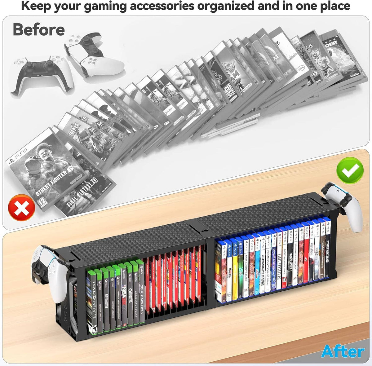 Black game disc rack tower organizing game cases on a tabletop
