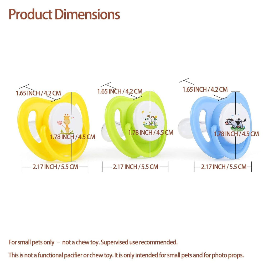 Three small pet pacifiers with size dimensions for yellow, green, and blue variants.