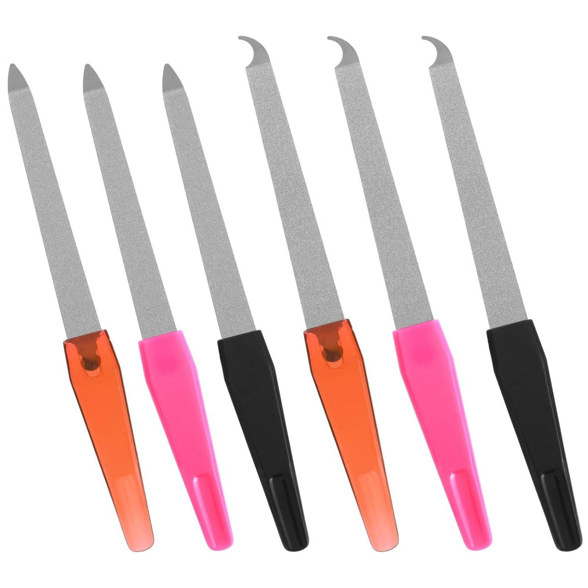 Set of 6 metal diamond nail files with gray abrasive pads and colored handles (orange, pink, black).