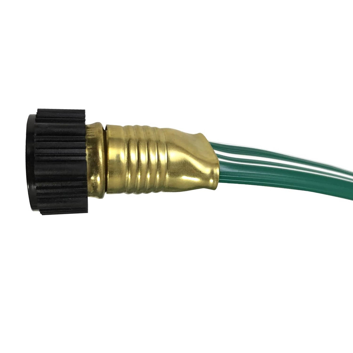 Three-tube sprinkler hose brass nozzle with black end cap and green hose